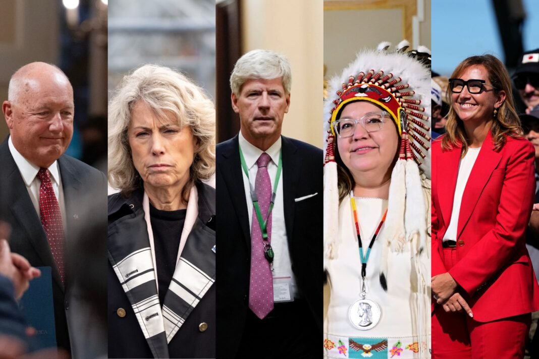 Collage of five vertical pictures showing Pete Hoekstra, Dawn Farrell, Tim Hodgson, Cindy Woodhouse Nepinak, and Ana Bailão