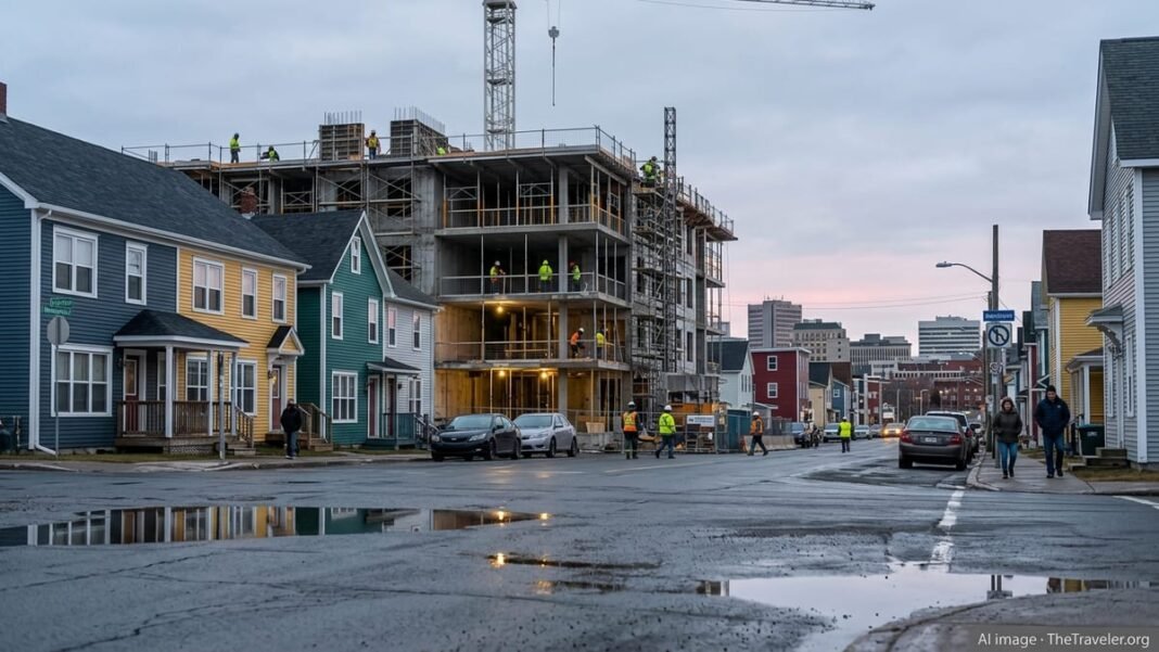 New apartment buildings under construction beside older homes on a New Brunswick street at dusk.
